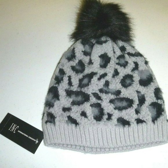 INC International Concepts Accessories - INC International Concepts designer gray leopard POM Nylon knit beanie SKI hat